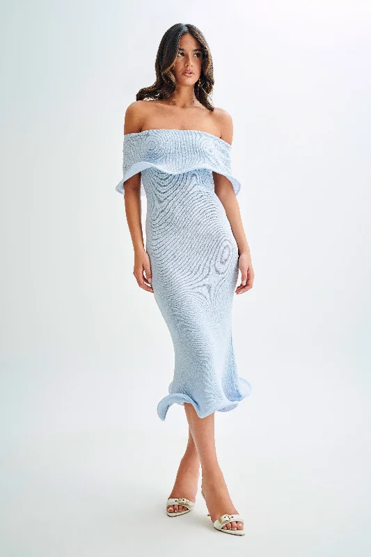 Midi dresses with ruched bodices for a feminine and fitted feel Molly Off Shoulder Knit Midi Dress - Sky Blue