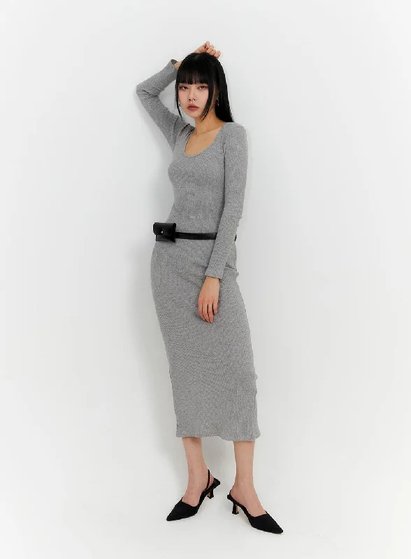 Midi dresses with animal prints for a bold and confident appearance Basic Round Neck Long Sleeve Maxi Dress IM414