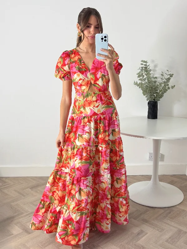 Midi dresses with satin - finish fabrics for a luxurious feel Zoe Tiered Cutout Maxi Dress / Tropical Print