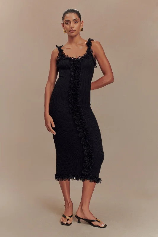 Midi dresses with ruffled bodices for a more pronounced feminine look Shay Lace Ruffle Knit Midi Dress - Black Midi dresses with ruffled bodices for a more pronounced feminine look Shay Lace Ruffle Knit Midi Dress - Black
