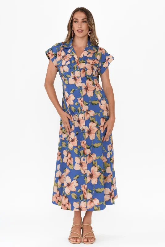 Midi dresses with off - the - shoulder necklines for a flirty look Porto Blue Floral Cotton Tie Dress