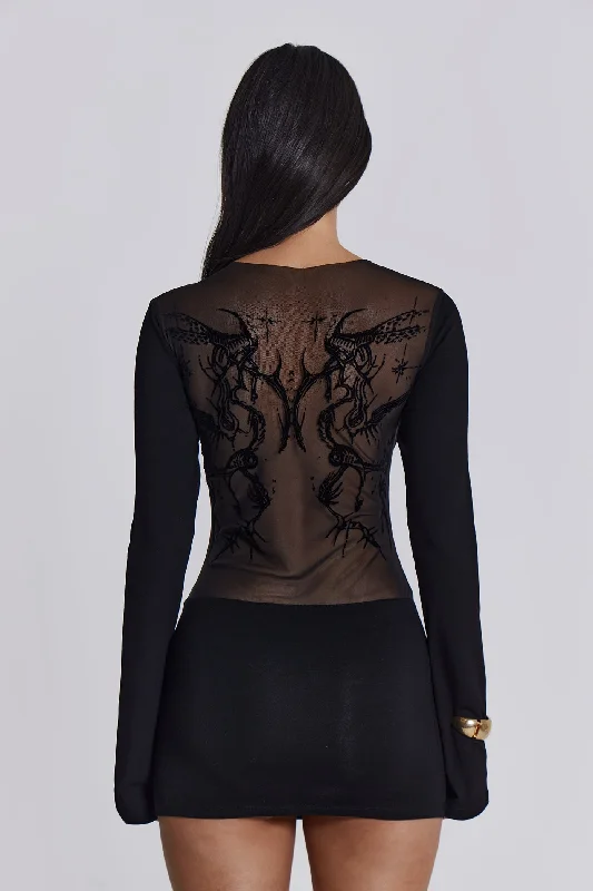 Mini dresses with spaghetti straps for a delicate look Black Wings Mesh Dress
