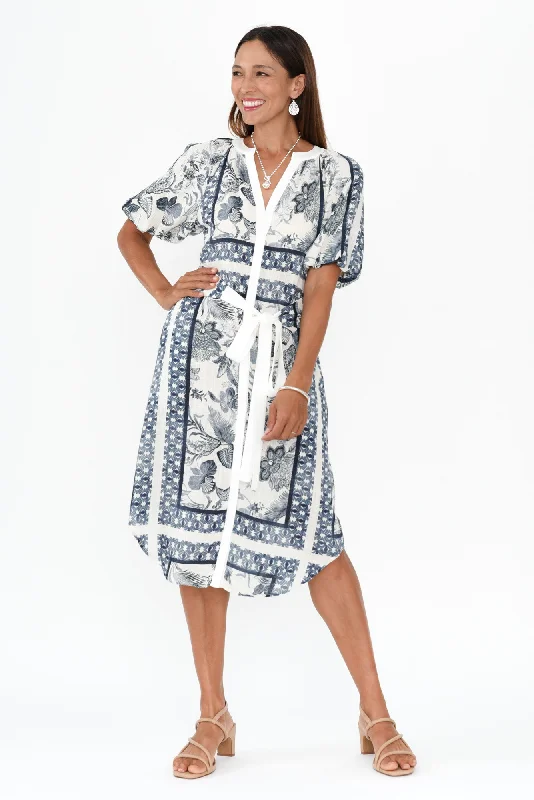 Midi dresses with puff sleeves for a vintage - inspired look Bijou Ink Floral Linen Blend Dress