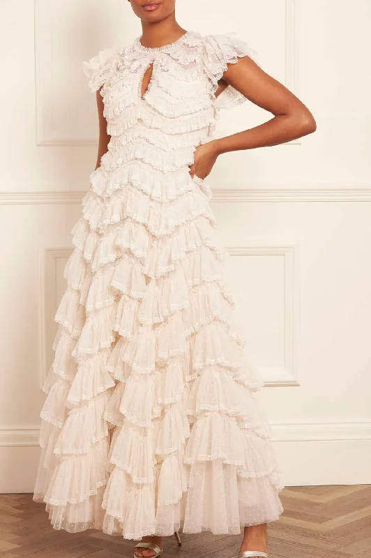 Midi dresses with pom - pom trims for a playful and festive look Libby Lace Gown