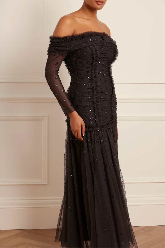 Midi dresses with cotton - blend materials for everyday comfort Love Heart Rouched Off-Shoulder Gown