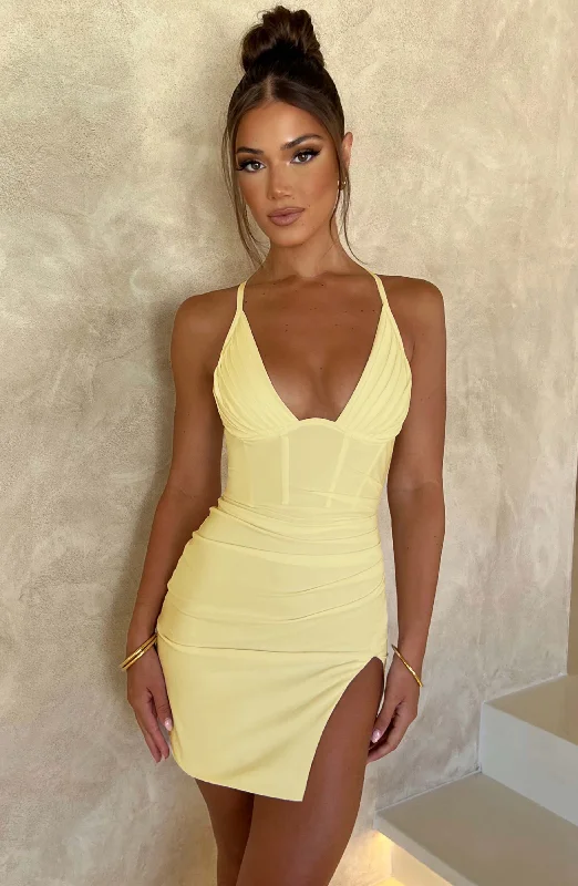 Mini dresses with pom - pom trims for a playful feel Aura Mini Dress - Lemon