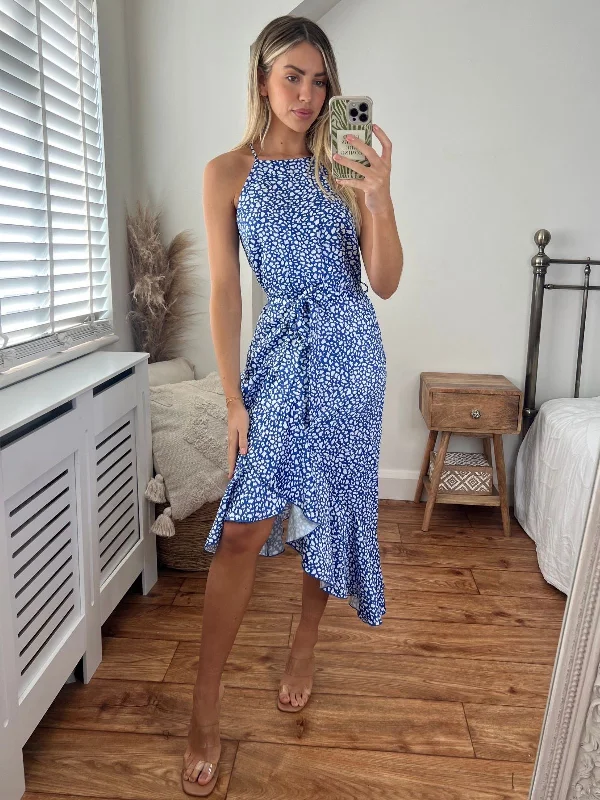 Midi dresses with cold - shoulder cutouts for a trendy style Ariana Halter Frill Dress / Blue Pebble