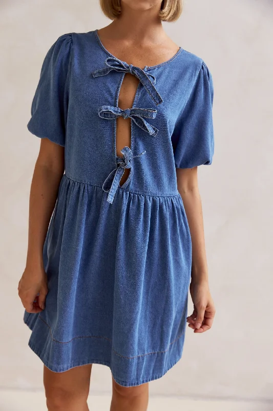 Mini dresses with mesh panels for a sexy and trendy look Carmela Denim Mini Dress (Blue)