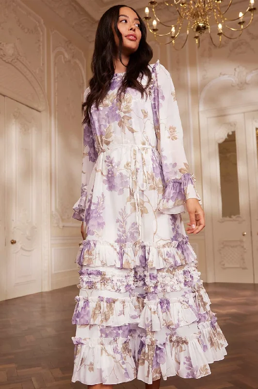 Midi dresses with pom - pom trims for a playful and festive look Wisteria Chiffon Round Neck Ankle Gown