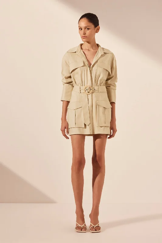 Mini dresses with ribbed textures for a unique appearance KASBAH UTILITY MINI DRESS - OYSTER