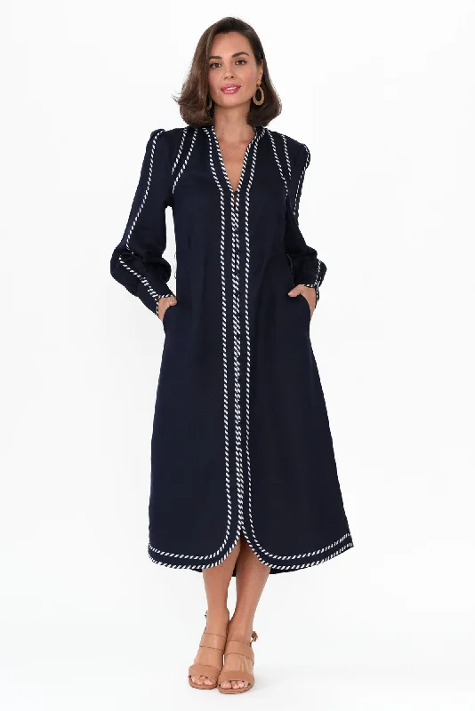 Midi dresses with ruffled bodices for a more pronounced feminine look Nova Navy Ink Linen Blend Dress