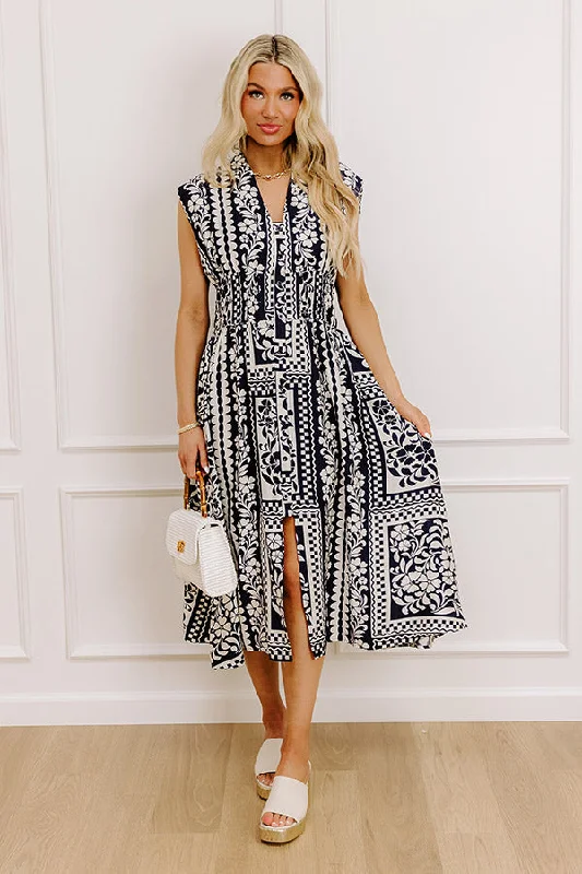 Wrap - style midi dresses in silk for a sophisticated office look Hawaii Holiday Floral Midi Dress in Navy