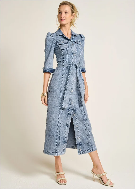 Maxi - inspired midi dresses with flowing fabrics for a beachy vibe Tie-Waist Denim Midi Dress - Acid Wash