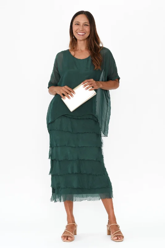 Midi dresses with pom - pom trims for a playful and festive look Katerina Dark Green Silk Overlay Maxi Dress