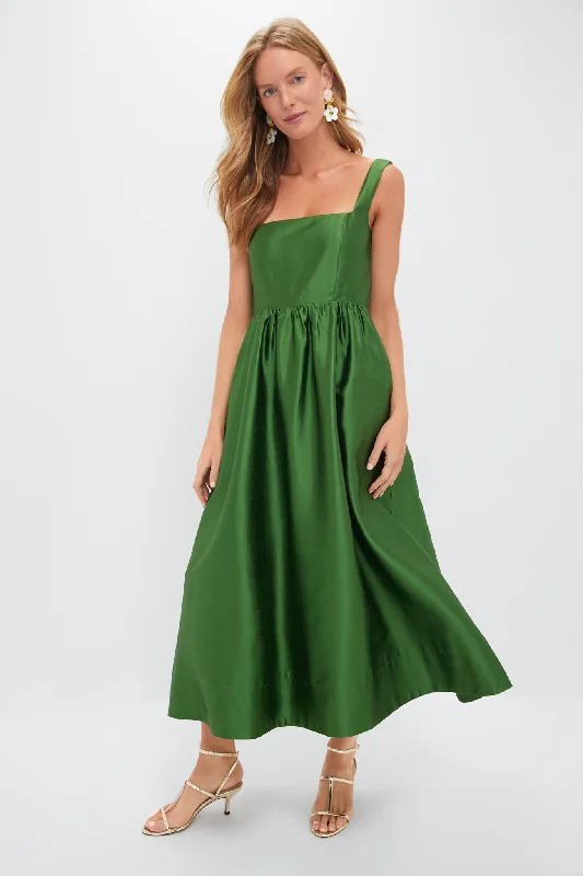 Midi dresses with asymmetric hems for a fashion - forward and dynamic appearance Green Dupioni Esme Dress