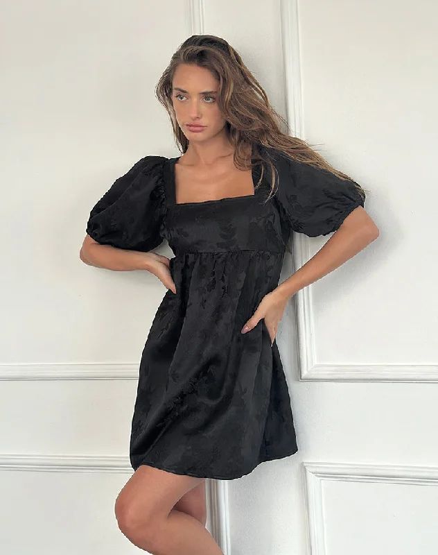Metallic mini dresses for a glamorous event Bimbi Babydoll Mini Dress in Satin Jacquard Black