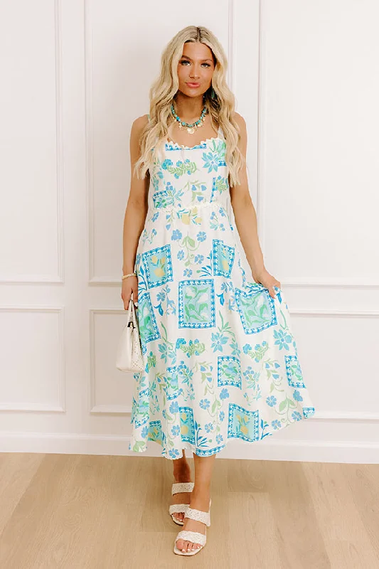 Sleeveless midi dresses with lace details for summer weddings Coastal Charm Floral Midi Dress