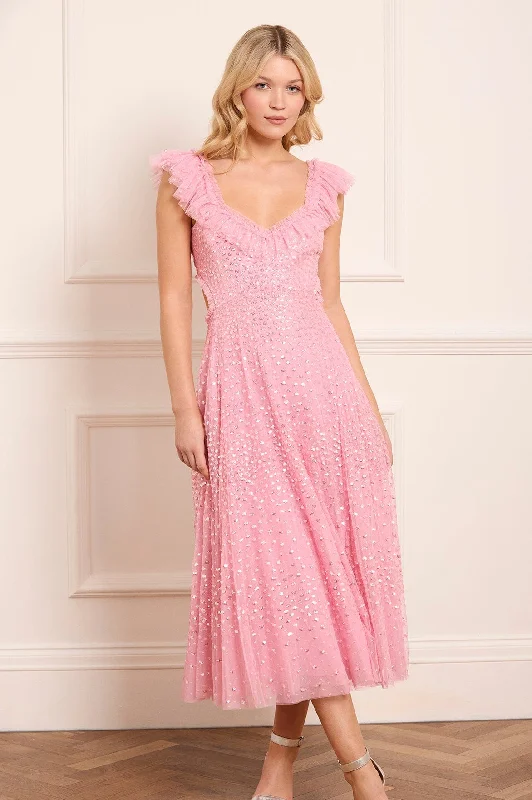 Midi dresses with sheer panels for a touch of allure Scatter Dot Ruffle Backless Ballerina Dress