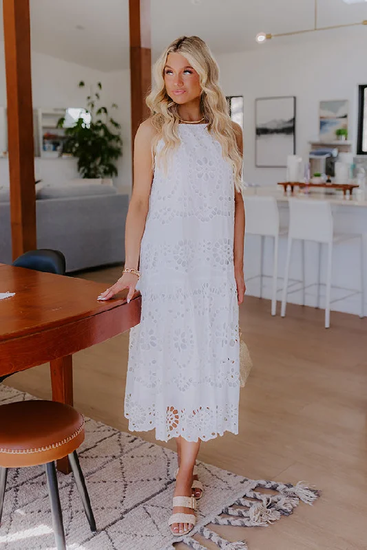 Midi dresses with patchwork patterns for a one - of - a - kind style Happy Energy Eyelet Midi Dress in White