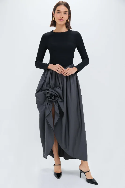 Midi dresses with polka dot prints for a playful summer outfit Gray Aurora Maxi Dress with Rose Detail