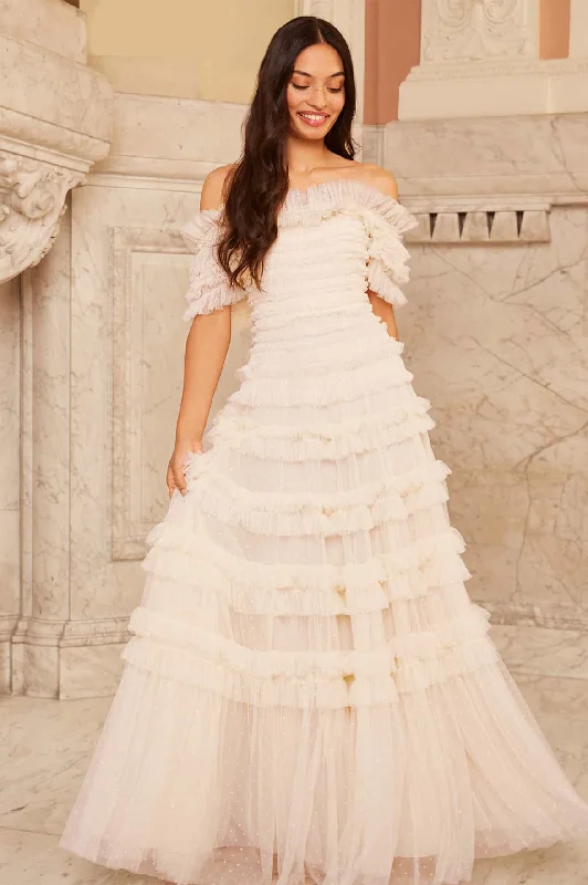 Midi dresses with ruched bodices for a feminine and fitted feel Lisette Ruffle Off Shoulder Gown Midi dresses with ruched bodices for a feminine and fitted feel Lisette Ruffle Off Shoulder Gown