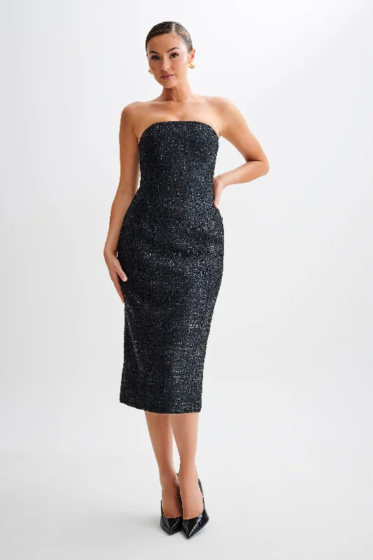 Midi dresses with animal prints for a bold and confident appearance Monet Tweed Strapless Midi Dress - Black
