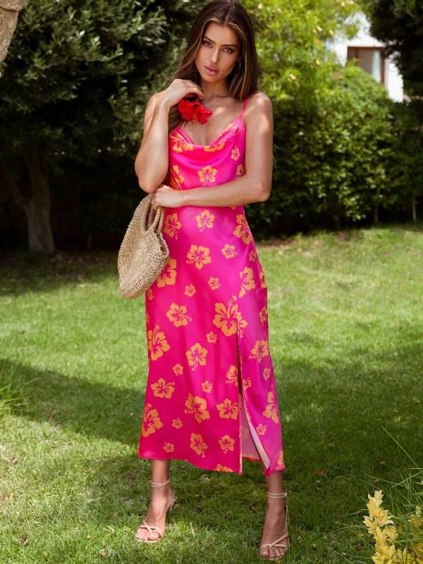 Midi dresses with pleated bodices for a classic and tailored look Havana Cowl Neck Slip Dress / Pink Hibiscus Midi dresses with pleated bodices for a classic and tailored look Havana Cowl Neck Slip Dress / Pink Hibiscus