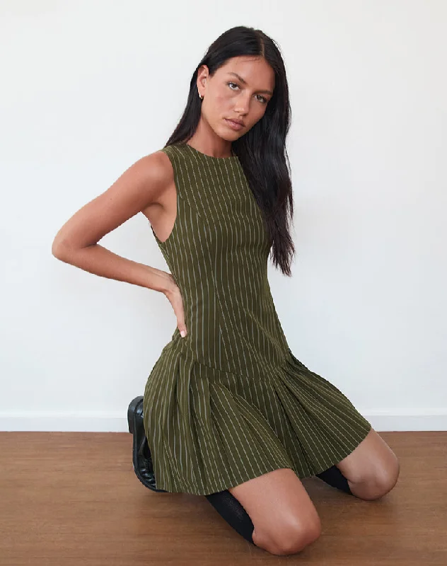 Polyester mini dresses for easy care Semasa Mini Dress in Khaki Pinstripe