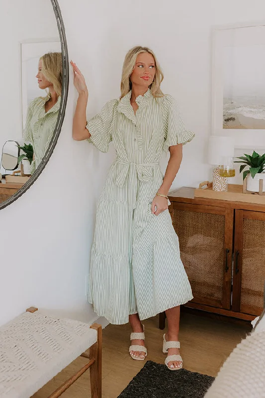 A - line midi dresses with floral prints for spring brunches Sweet Energy Stripe Midi Dress in Sage