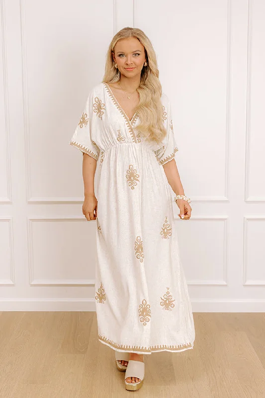 Midi dresses with ruffled bodices for a more pronounced feminine look Island Oasis Linen-Blend Embroidered Midi Dress