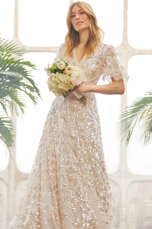 A - line midi dresses with floral prints for spring brunches Trailing Bow Gown