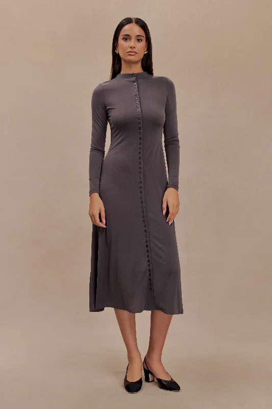 Midi dresses with geometric cutouts for a contemporary and edgy look Anders Peached Jersey Midi Dress - Charcoal Midi dresses with geometric cutouts for a contemporary and edgy look Anders Peached Jersey Midi Dress - Charcoal