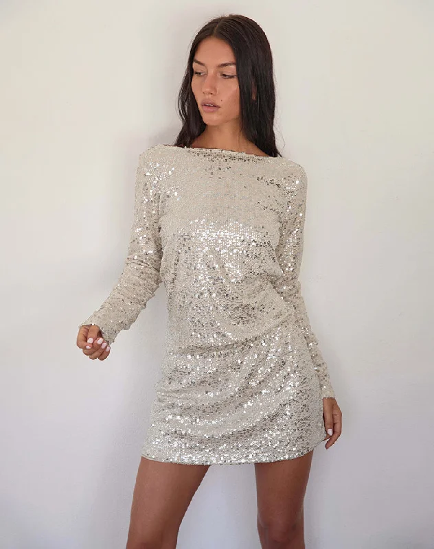 Mini dresses with one - shoulder designs Jasilia Long Sleeve Mini Dress in Neutral Sequin