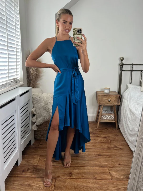 Sheath midi dresses with beaded embellishments for a formal occasion Fleur High Low Satin Dress / Peacock Blue Sheath midi dresses with beaded embellishments for a formal occasion Fleur High Low Satin Dress / Peacock Blue