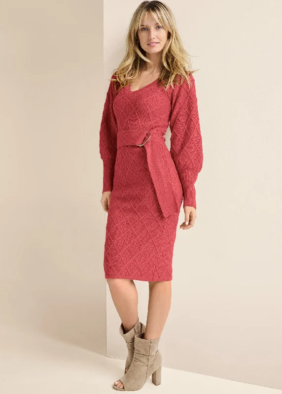 Midi dresses with cold - shoulder cutouts for a trendy style Belted Midi Sweater Dress  - Baked Apple