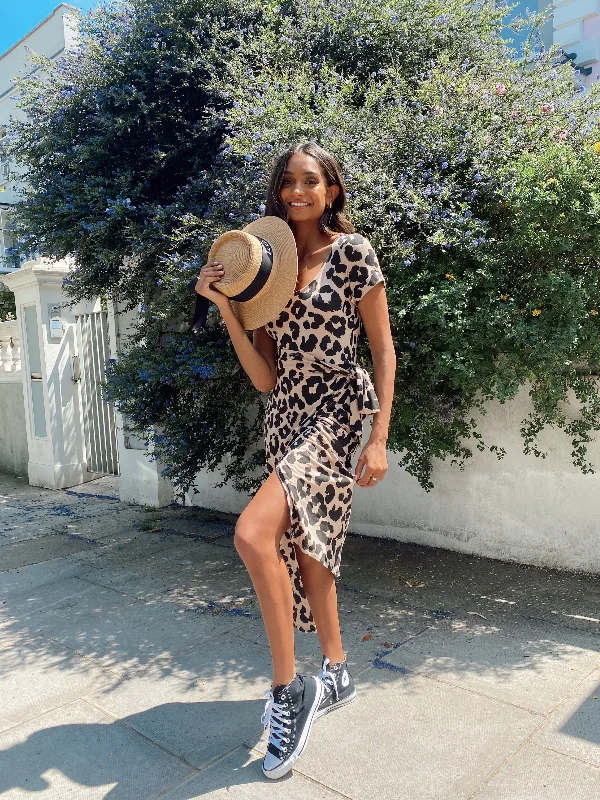 Midi dresses with asymmetric hems for a fashion - forward and dynamic appearance Naomi Animal Print Jersey Wrap Midi Dress Midi dresses with asymmetric hems for a fashion - forward and dynamic appearance Naomi Animal Print Jersey Wrap Midi Dress