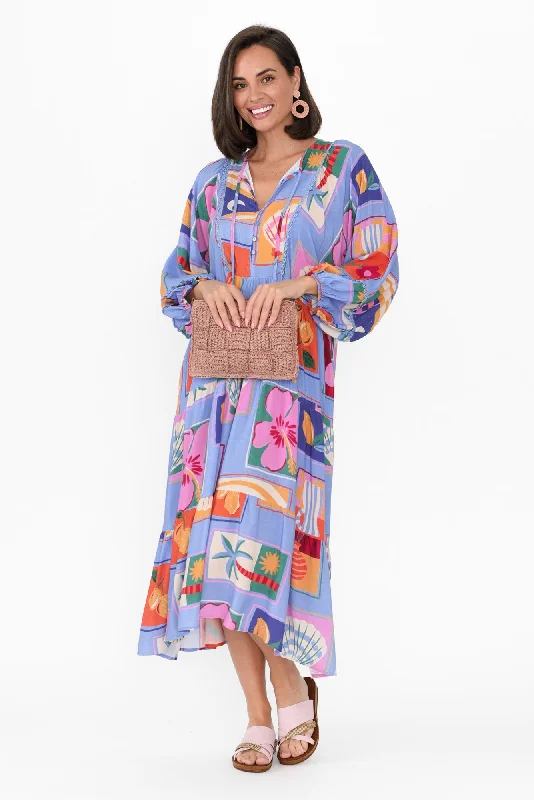 Midi dresses with V - necklines for a flattering and elongating effect Minerva Blue Tile Puff Sleeve Dress