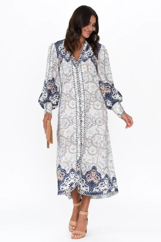 Midi dresses with embroidered accents for a unique and detailed design Nova Blue Astral Linen Blend Dress Midi dresses with embroidered accents for a unique and detailed design Nova Blue Astral Linen Blend Dress