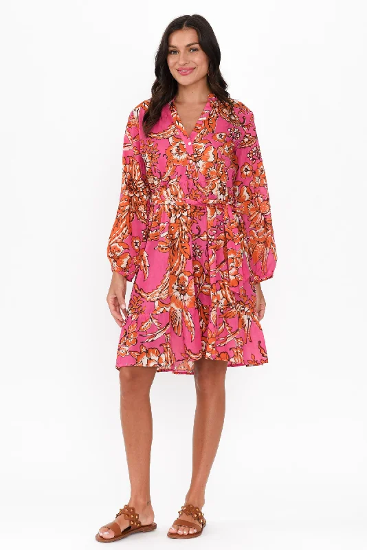 High - low midi dresses with geometric patterns for a modern party Sofia Orange Garden Cotton Dress