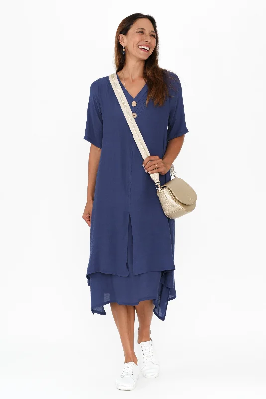 Wrap - style midi dresses in silk for a sophisticated office look Nala Deep Blue Layers Dress