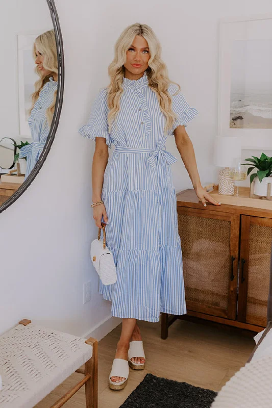 Plaid midi dresses for a fall - themed family gathering Sweet Energy Stripe Midi Dress in Sky Blue