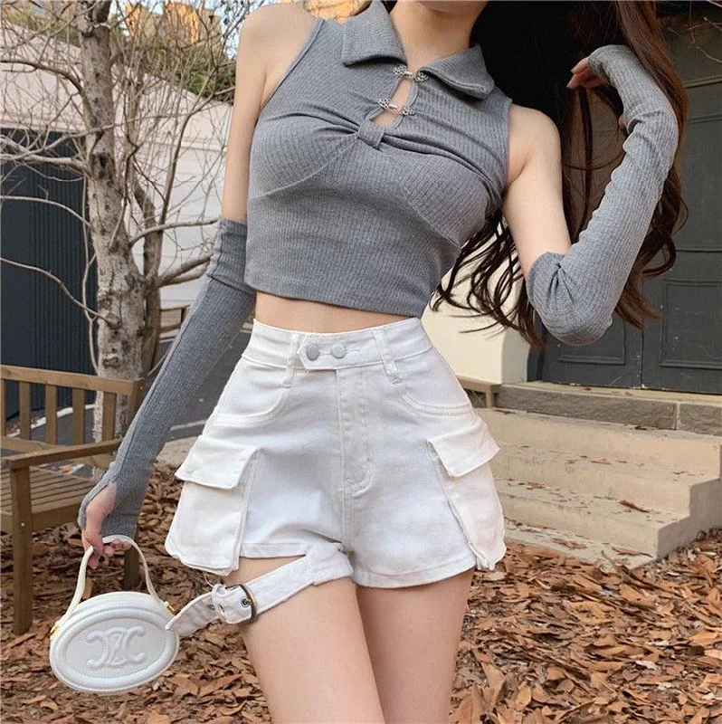 Plus Size Women's Cargo Shorts in Olive Green with Multiple Pockets for Outdoor AdventuresBelt Detail Cargo Denim Shorts
