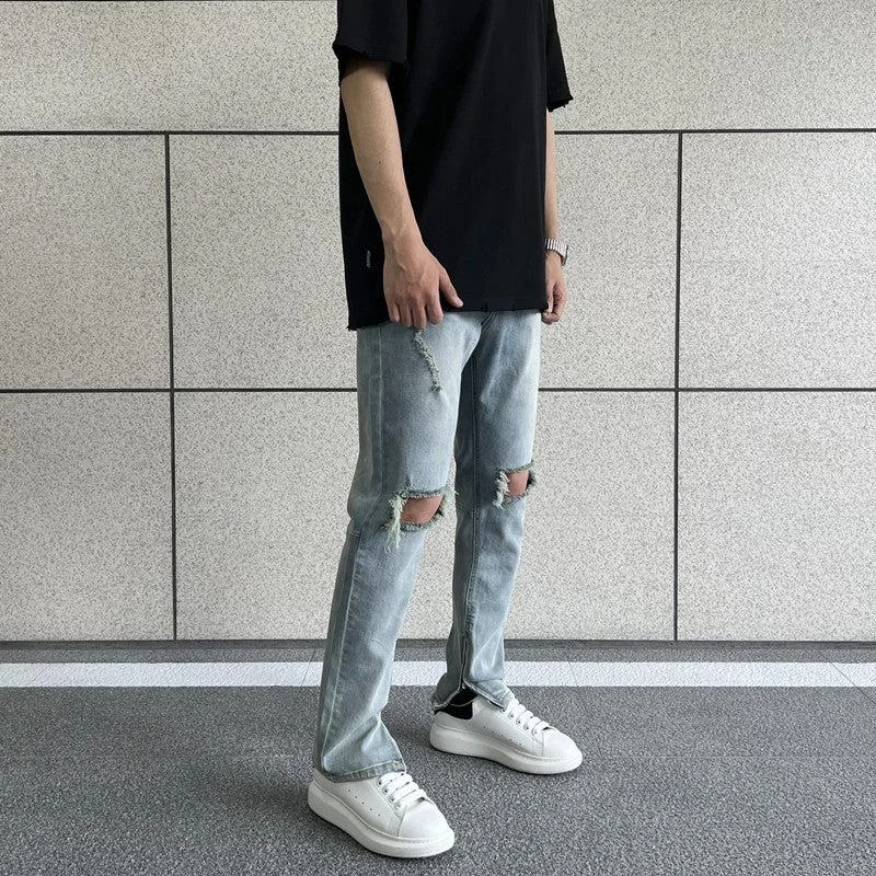 Plus - size women jeans for a comfortable and stylish fitSide Slit Zipper Elastic Ripped Jeans
