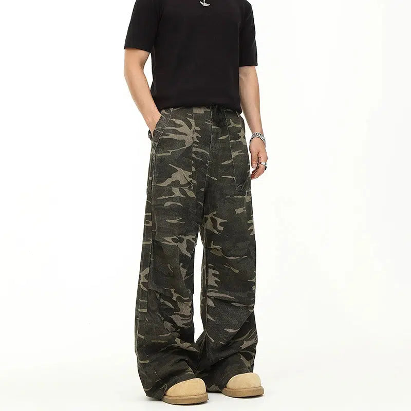 Bootcut women jeans to complement various shoe stylesCamouflage Wide-Leg Drawstring Jeans