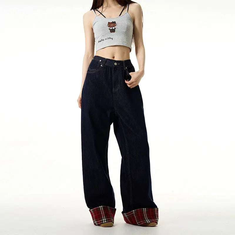 Straight - leg women jeans with a classic and timeless appealDark Blue Plaid Wide-leg Jeans Straight - leg women jeans with a classic and timeless appealDark Blue Plaid Wide-leg Jeans