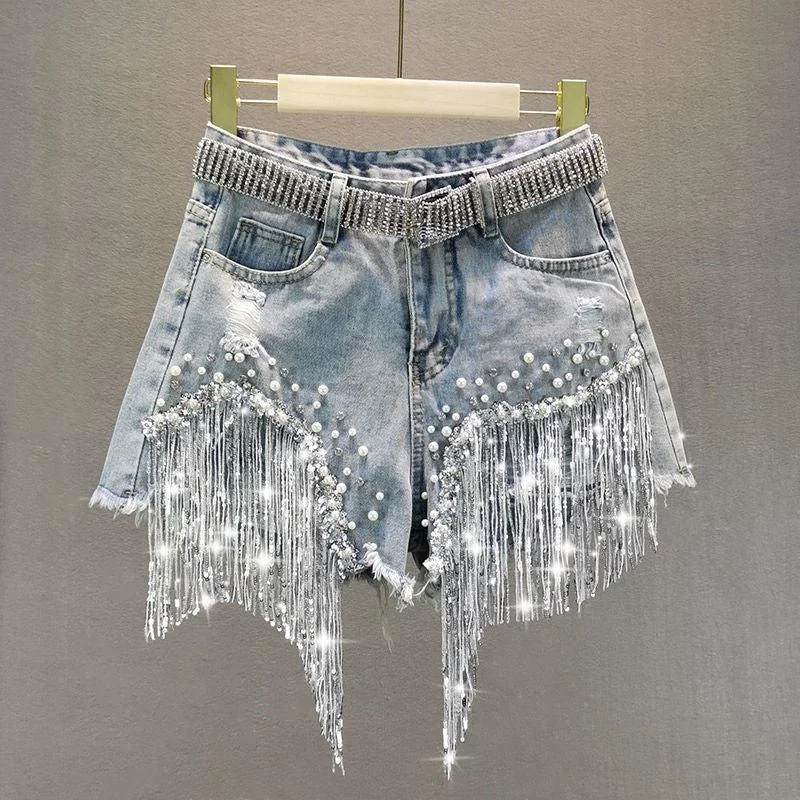 Women's Satin - Finish Shorts in Burgundy for a Luxurious and Stylish Nighttime LookDisco Cowgirl Rhinestone Fringe Denim Shorts