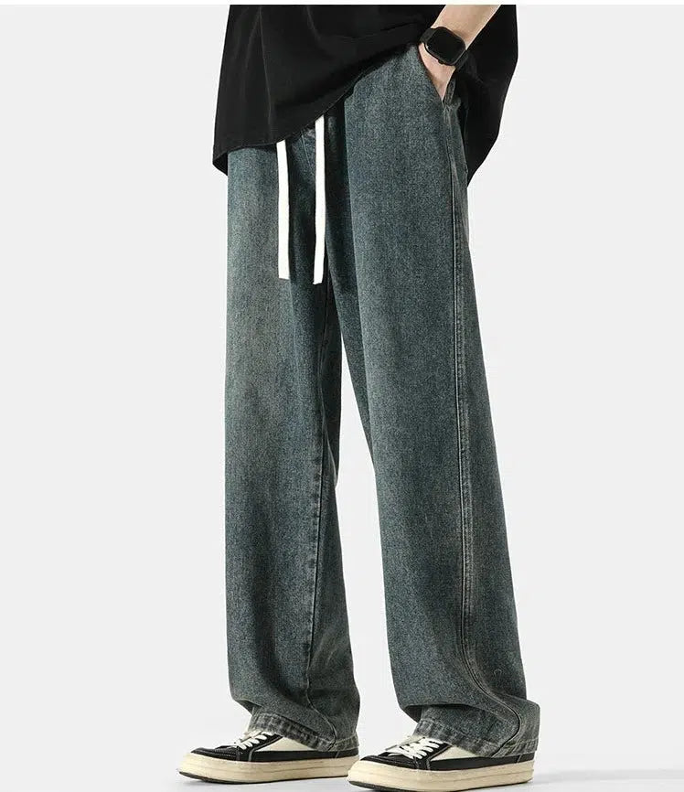 Acid - wash women jeans with a retro finishDrawstring Washed Straight-leg Jeans