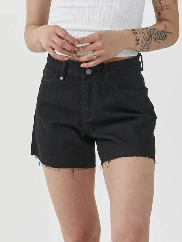 Women's Ruffled Hem Denim Shorts in Light Wash for a Feminine and Fashionable StyleErica Mid Rise Short - Black Rinse Women's Ruffled Hem Denim Shorts in Light Wash for a Feminine and Fashionable StyleErica Mid Rise Short - Black Rinse