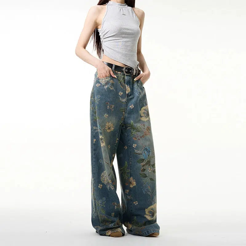 Straight - leg women jeans with a classic and timeless appealFloral Print Wide-leg Jeans