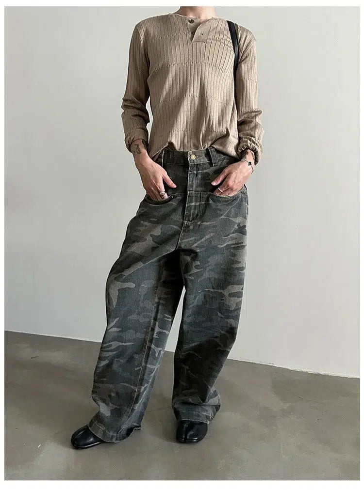 Cargo women jeans with multiple pockets for added functionalityFront Pocket Washed Camouflage Jeans